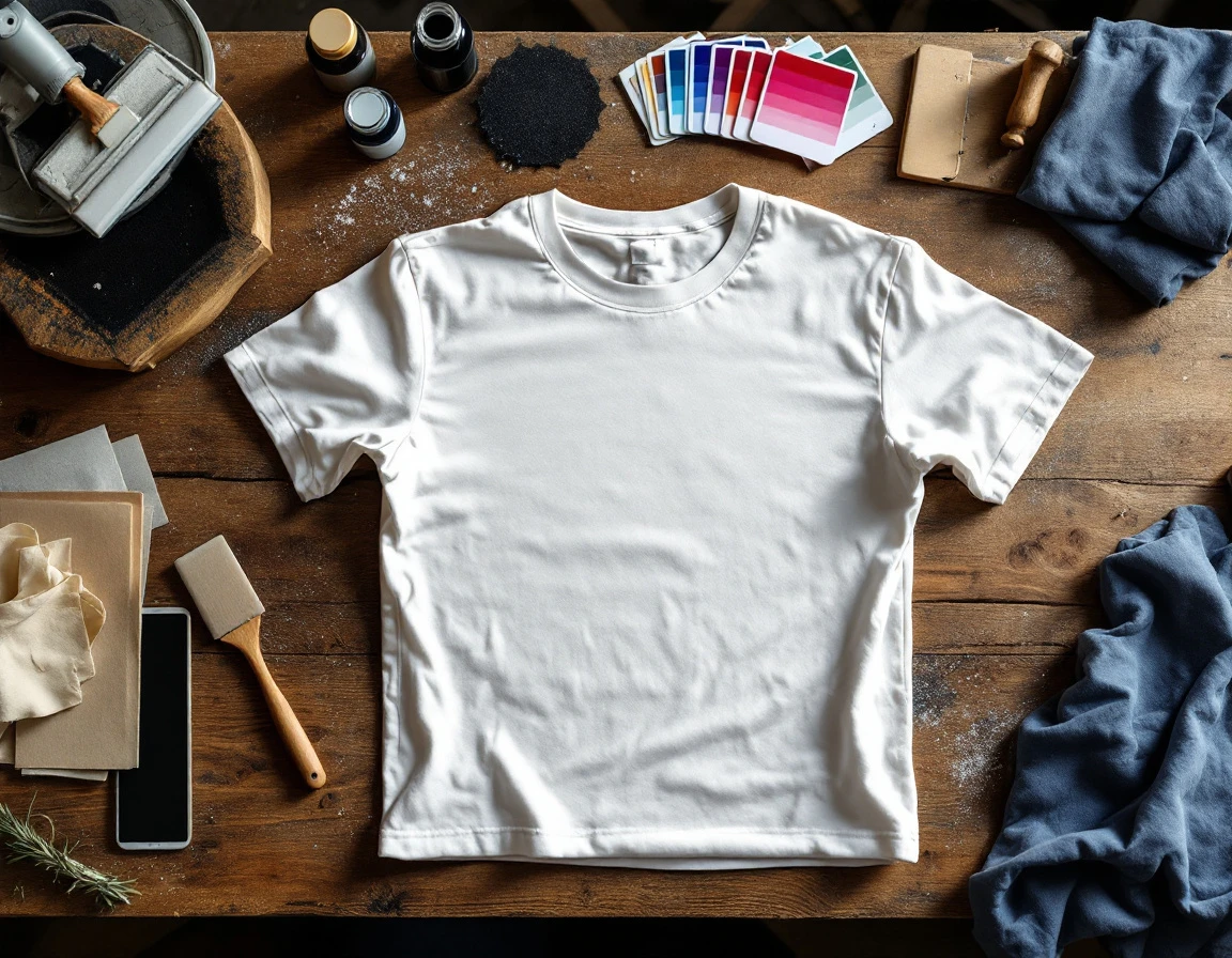 White cotton t-shirt with natural fabric texture surrounded by screen printing supplies on wooden work table