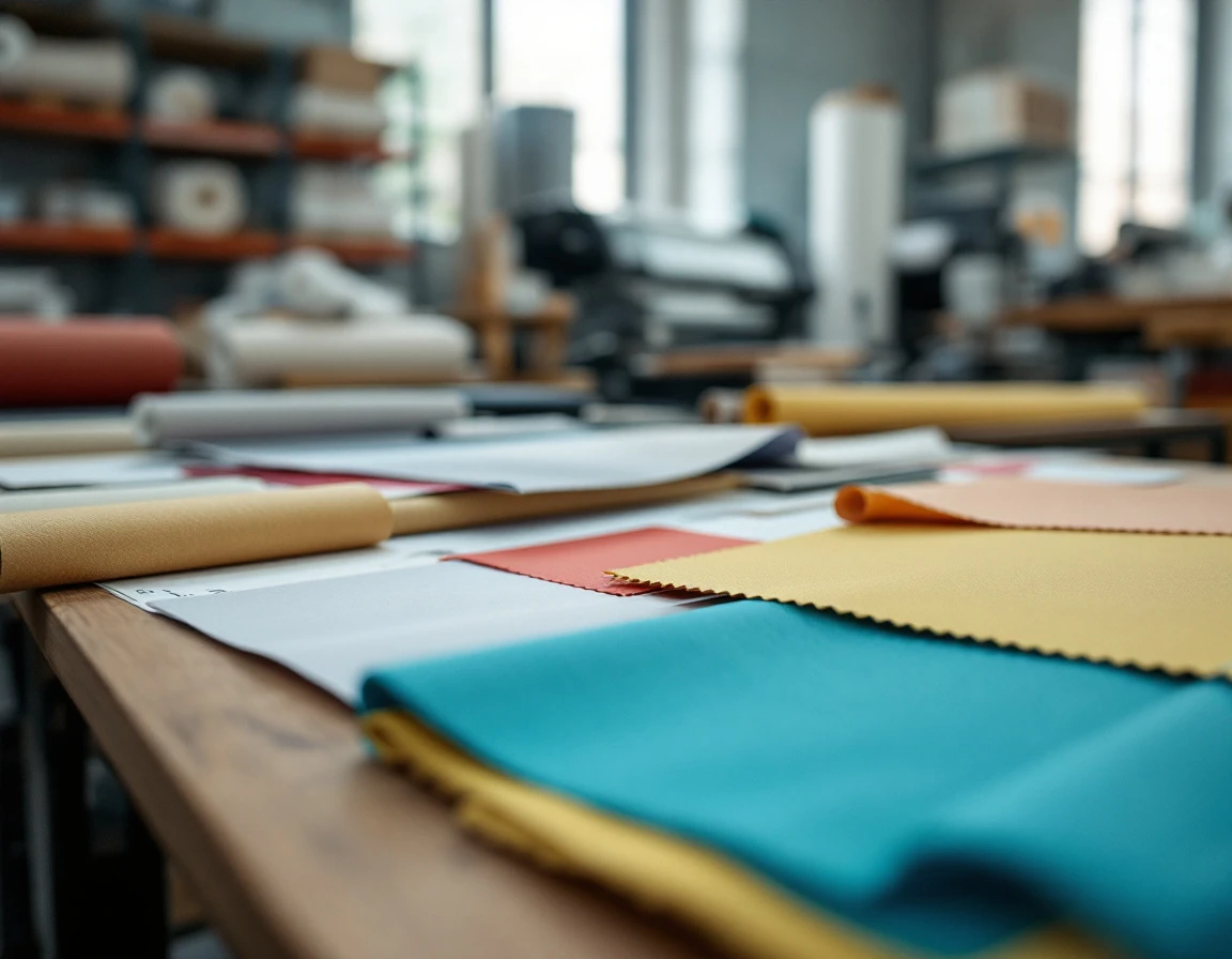 Print shop work table with banner material samples, color swatches, and trade show display mockups under natural light