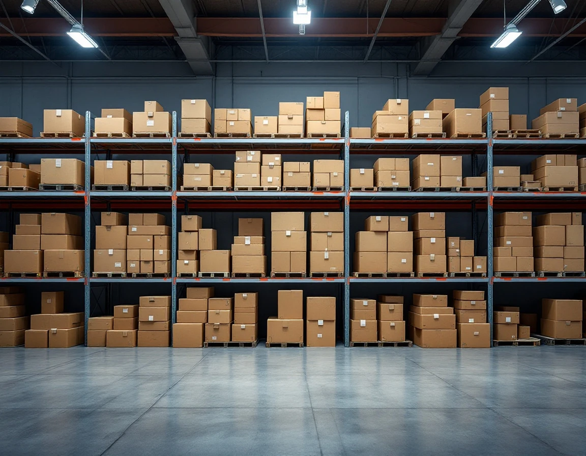 Warehouse shelving filled with unmarked cardboard boxes in various sizes showing realistic inventory storage