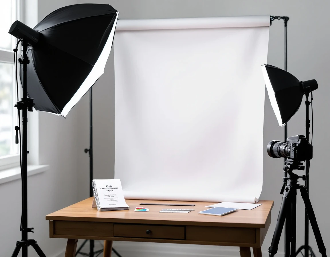 Professional passport photo studio setup with proper lighting, backdrop, and State Department compliance reference materials