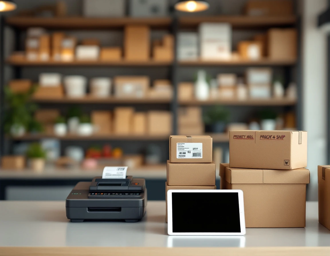 Retail shipping counter with postal scale, label printer, and organized packing supplies on shelving