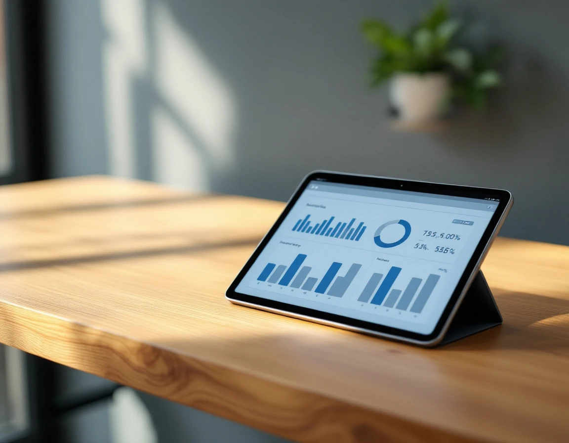Tablet displaying retail analytics interface on wooden desk in natural office lighting