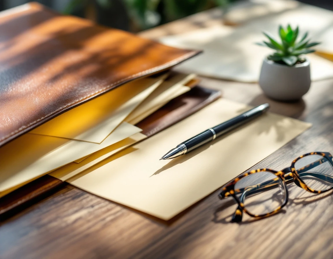 Professional desk with compliance folders, pen, and reading glasses in natural office lighting