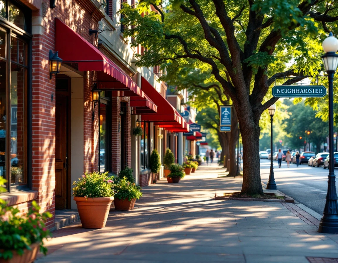 Tree-lined small business district street with brick storefronts and red awnings on a summer morning