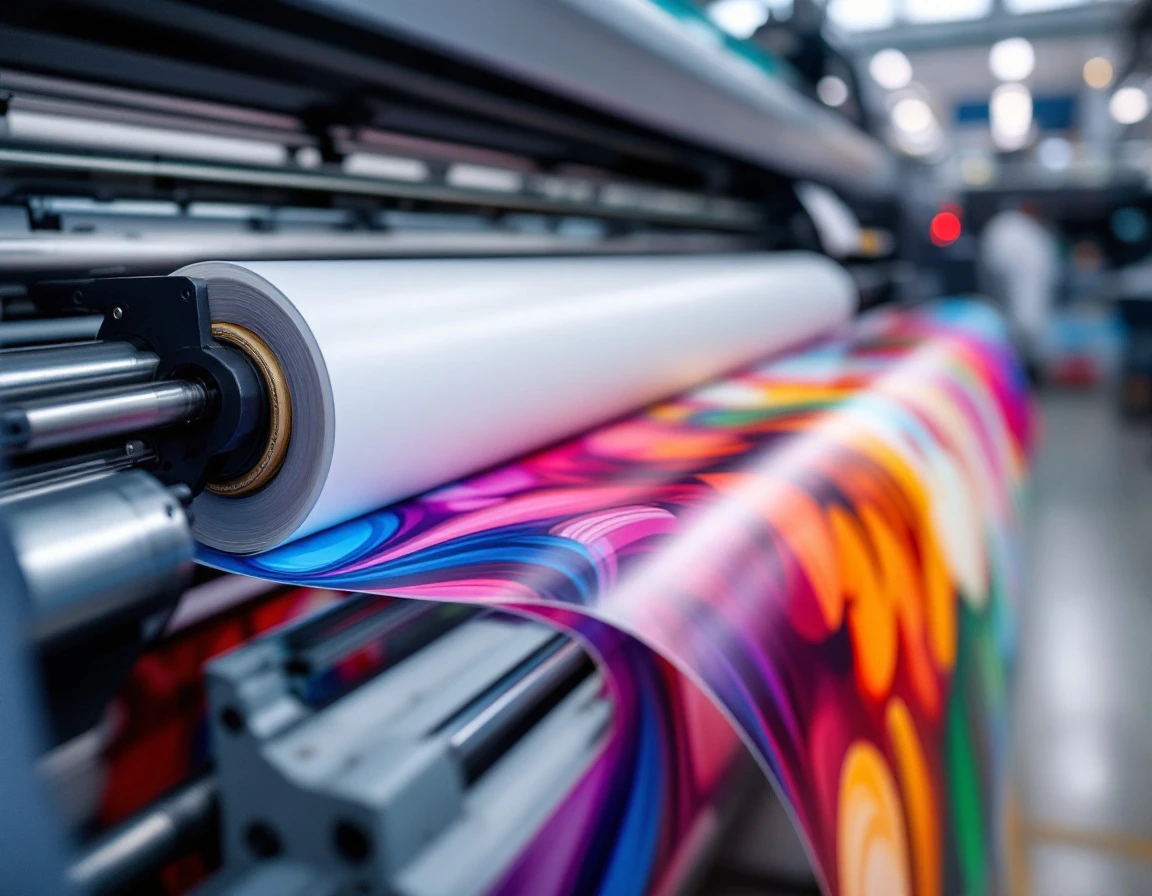 Wide-format printer producing vibrant printed material in commercial print shop setting