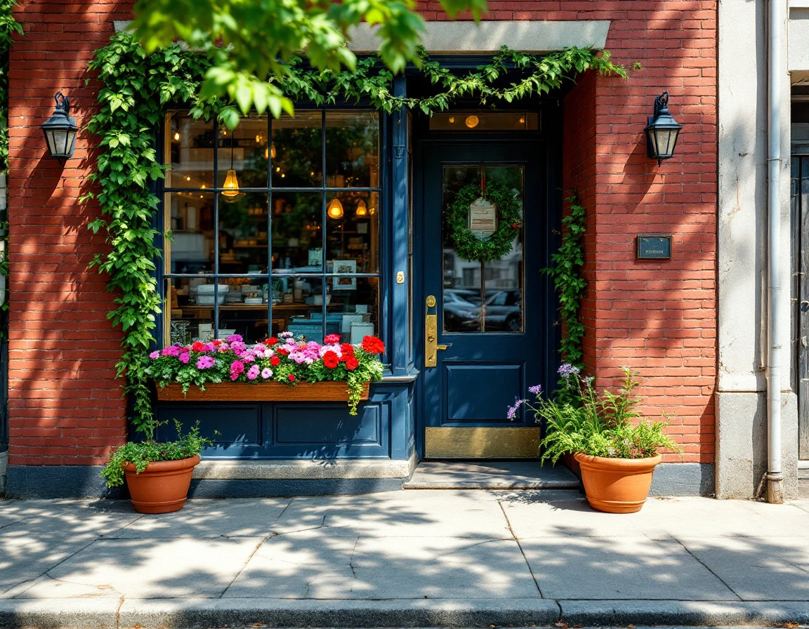 Independent storefront with summer window boxes and weathered brick facade on neighborhood street corner