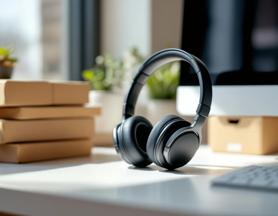 Wireless headphones and succulent plant on organized desk beside shipping boxes in natural office lighting