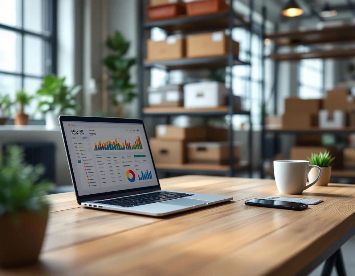 Modern retail office workspace with laptop and smartphone displaying inventory management analytics