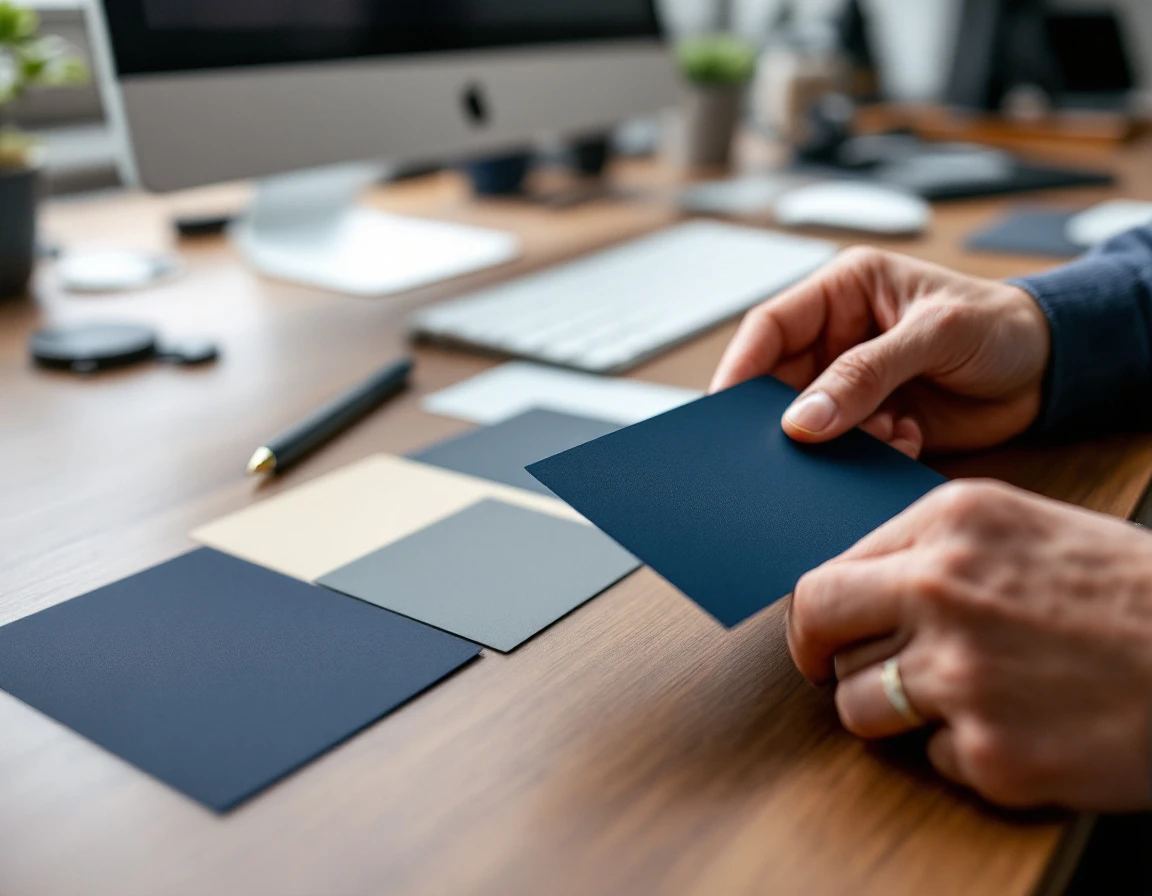 Hands examining premium cardstock samples in various finishes at professional print consultation workspace