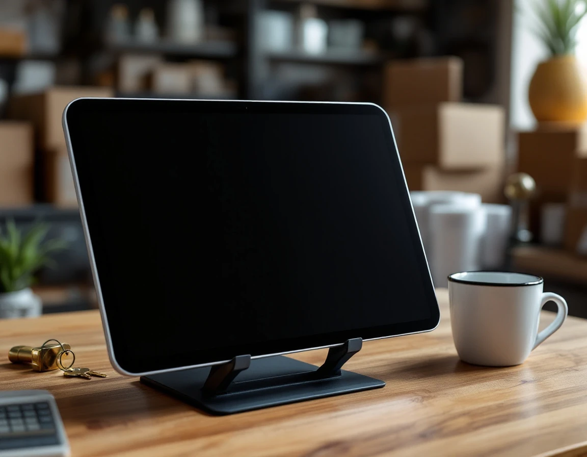 Blank tablet screen on wooden desk in pack-and-ship store workspace with shipping supplies in background