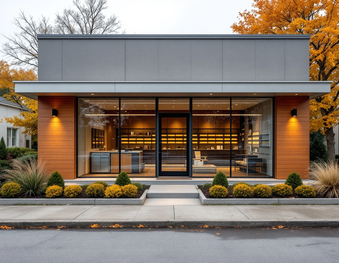 Modern mailbox rental business storefront with glass entrance and autumn landscaping
