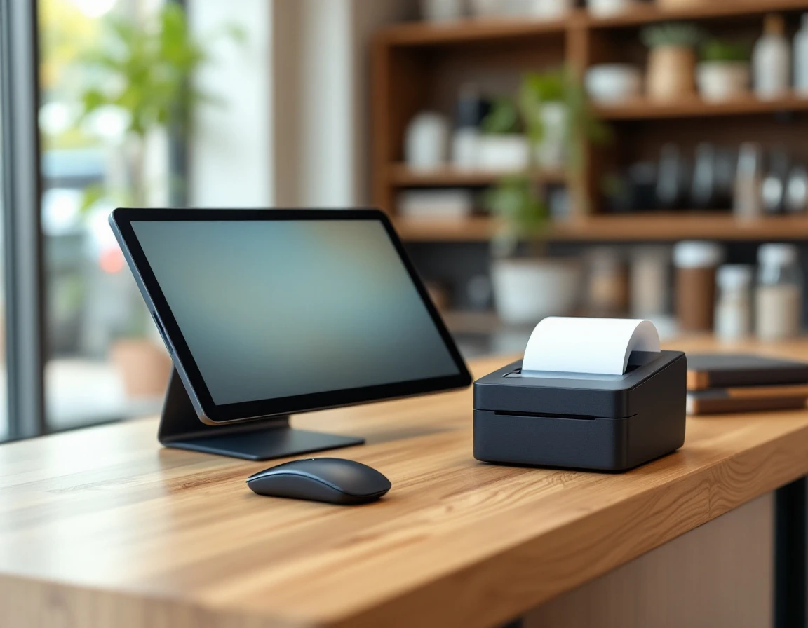 Modern POS terminal setup with tablet and receipt printer on retail counter with natural lighting