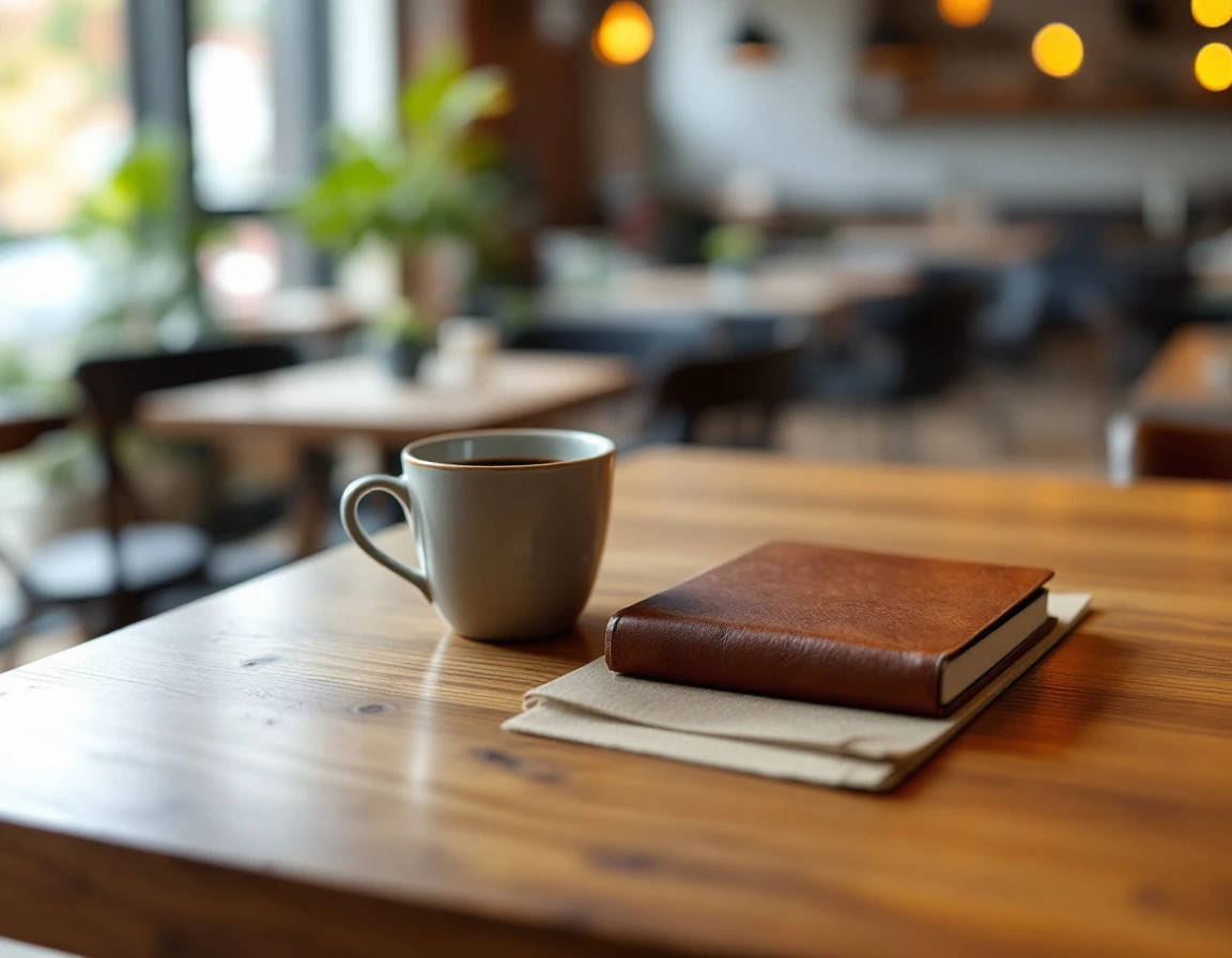 Coffee and journal on wooden café table in morning light