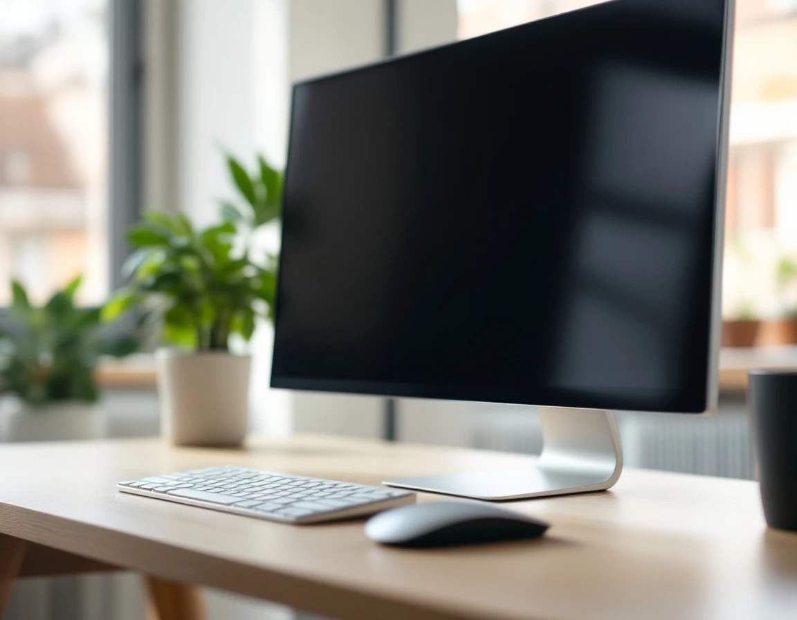 Modern workspace with monitor and minimal desk setup in natural office lighting
