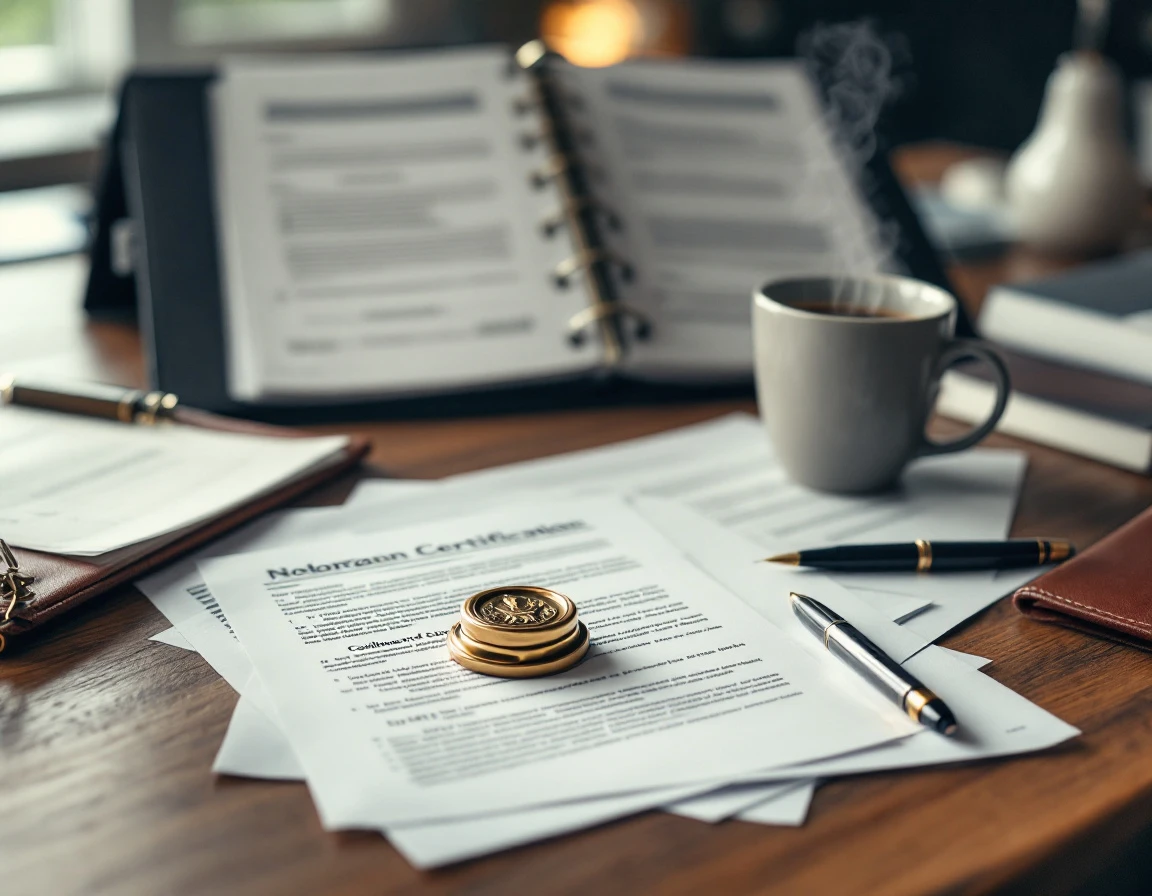 Professional notary workspace with organized compliance binders, state forms, and brass notary seal