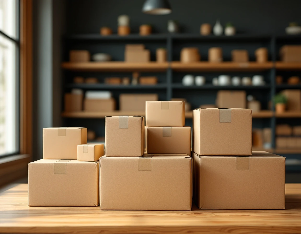 Stacked cardboard boxes on retail counter showing bundled package shipping setup with natural window lighting