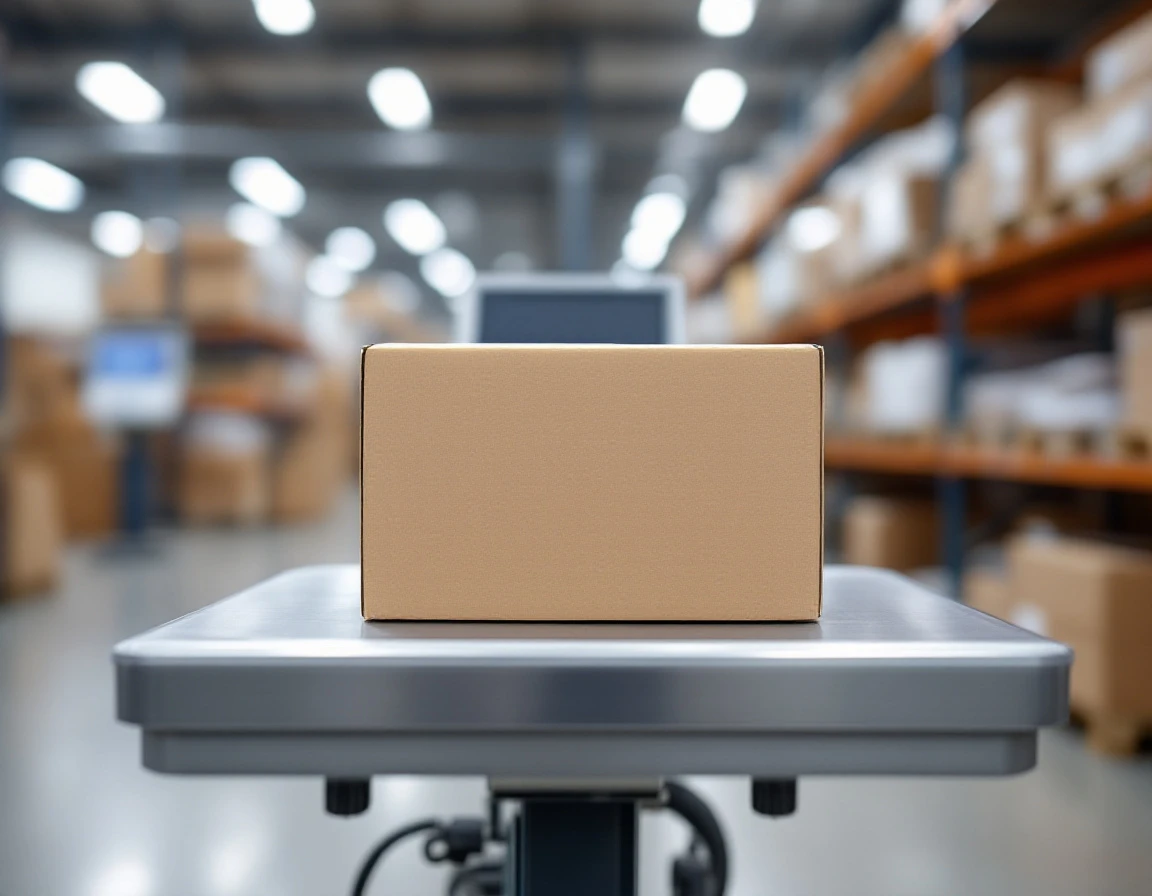 Unmarked shipping box on commercial scale in pack-and-ship warehouse with blank display screen