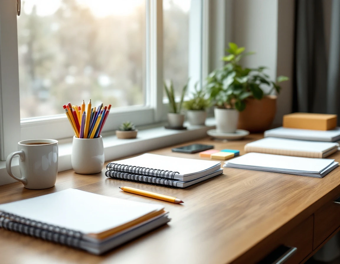 Organized workspace with notebooks, pens, and natural lighting ready for onboarding planning