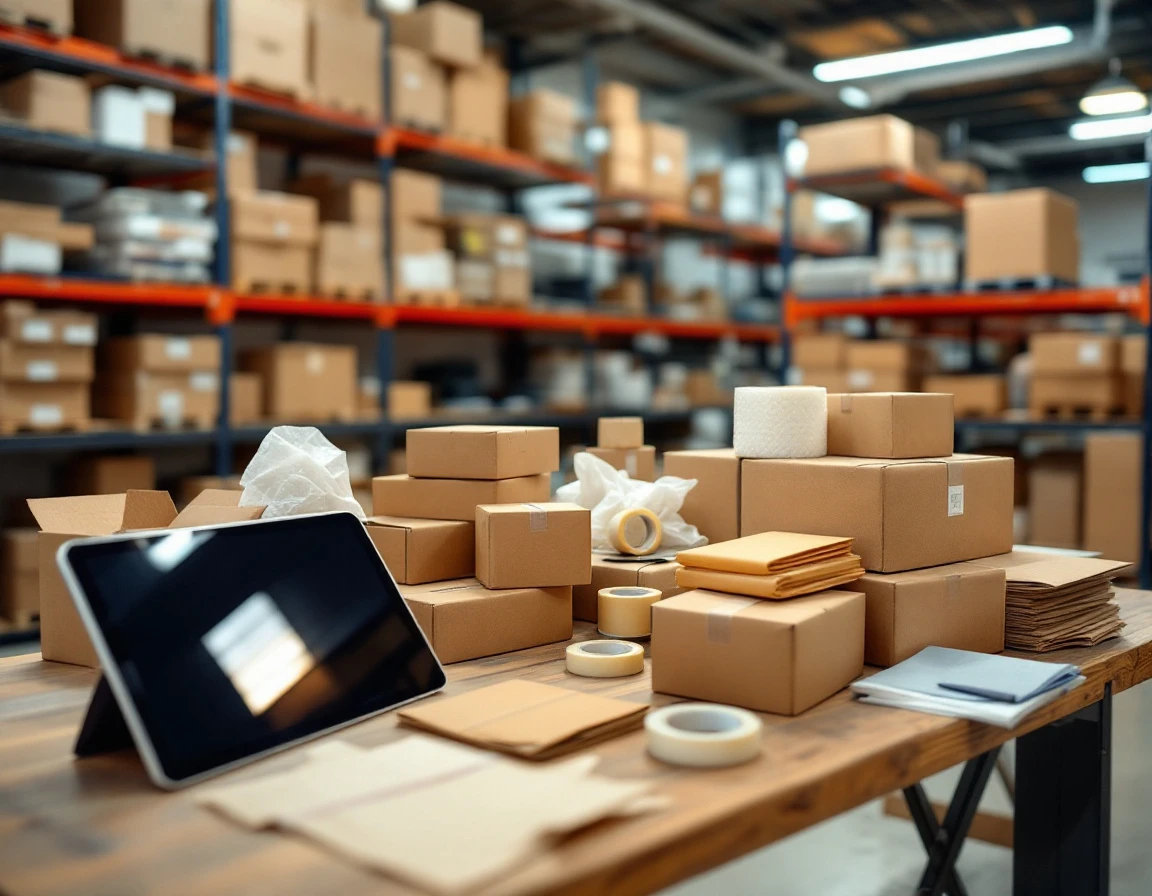 Pack-and-ship store workspace with shipping supplies, boxes, and inventory management tablet during pre-tax audit