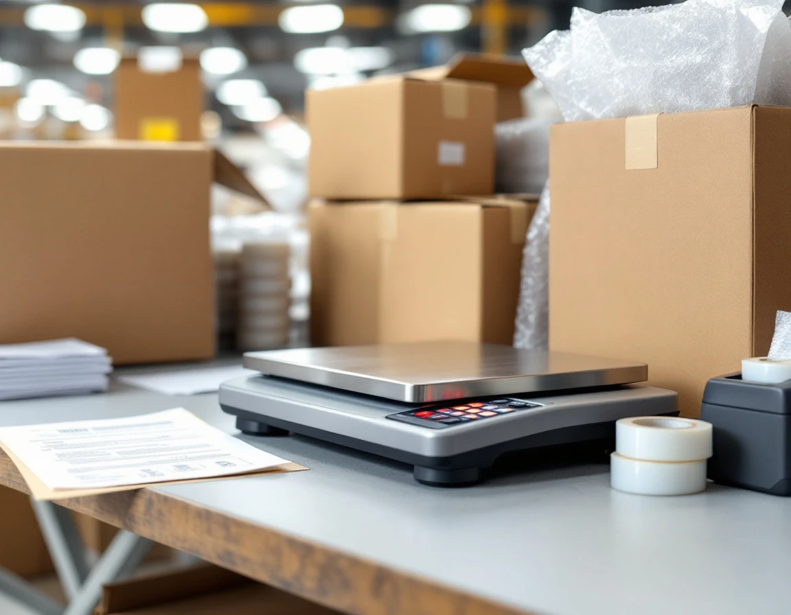 Shipping scale and packing materials on retail counter workspace