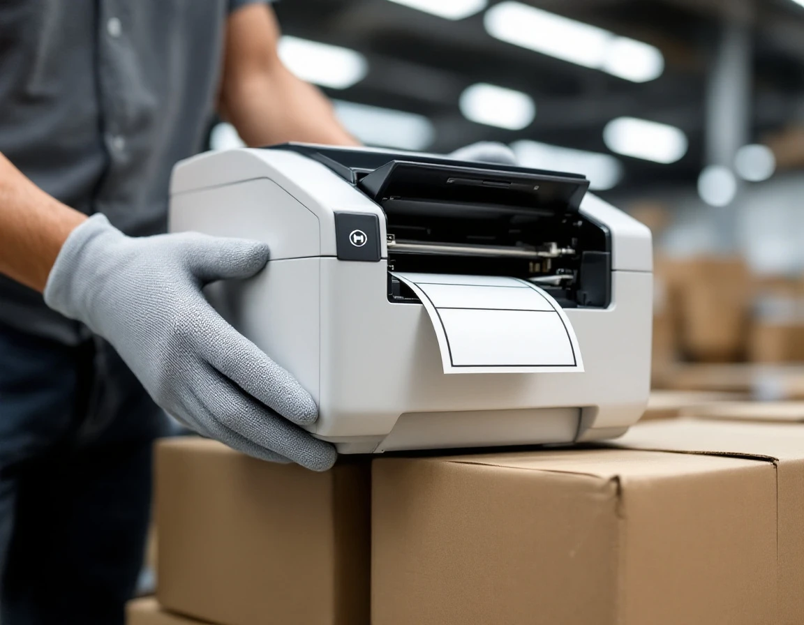 Thermal label printer positioned over cardboard shipping boxes in fulfillment center workspace