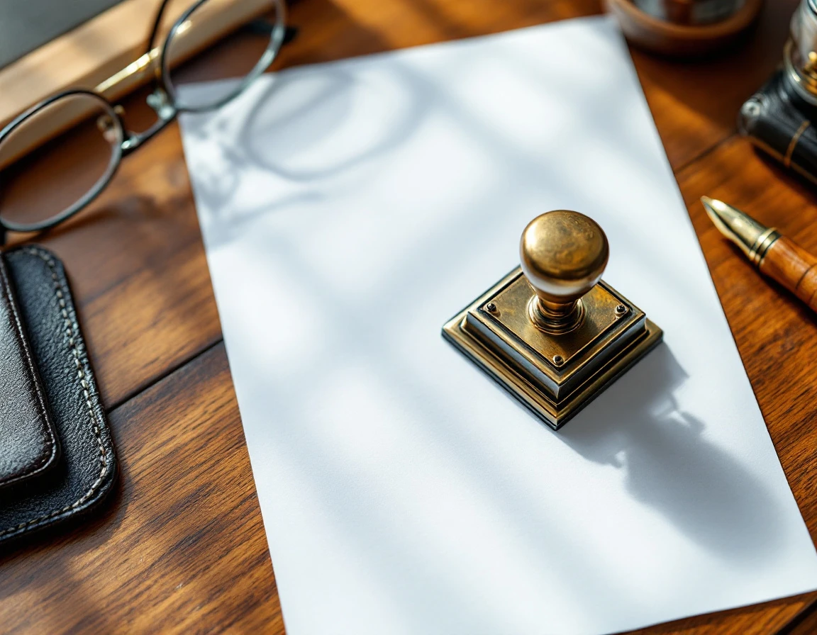 Bronze notary embosser seal with patina on wooden desk beside blank papers and fountain pen