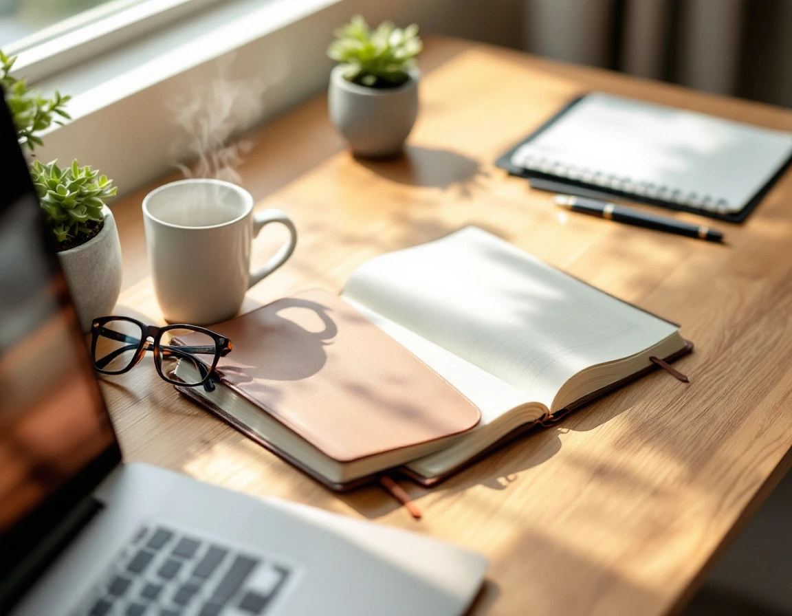 Organized business workspace with journal, coffee, and office supplies on wooden desk in natural morning light