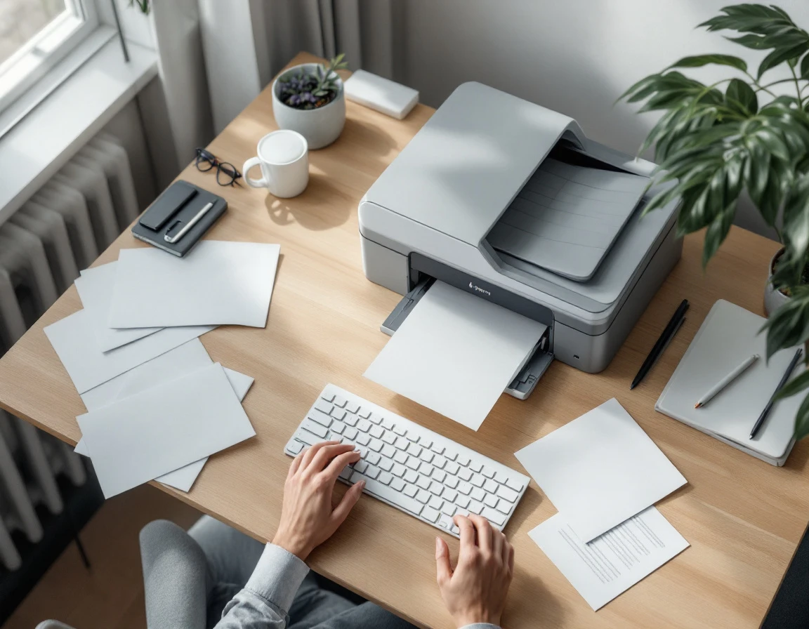 Modern office desk with printer processing documents, coffee mug, and organized workspace supplies from overhead view