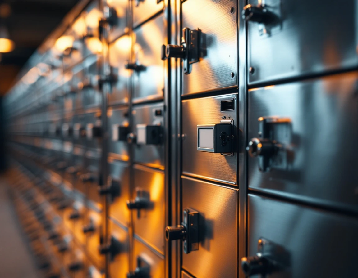 Close-up of commercial mailbox compartments showing blank metal surfaces and professional construction details