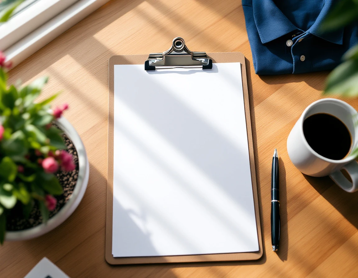 Empty clipboard and navy polo shirt on wooden desk with coffee mug suggesting seasonal staff planning workspace