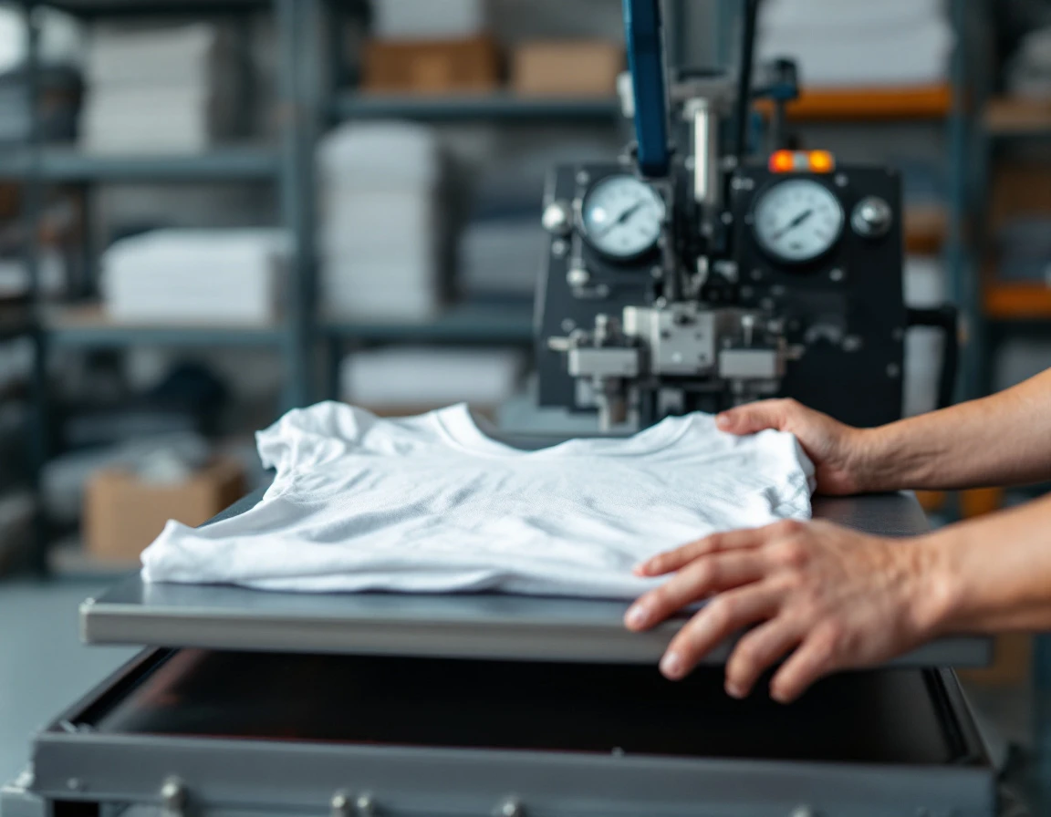 Commercial heat press with white t-shirt being positioned for custom printing in professional workspace