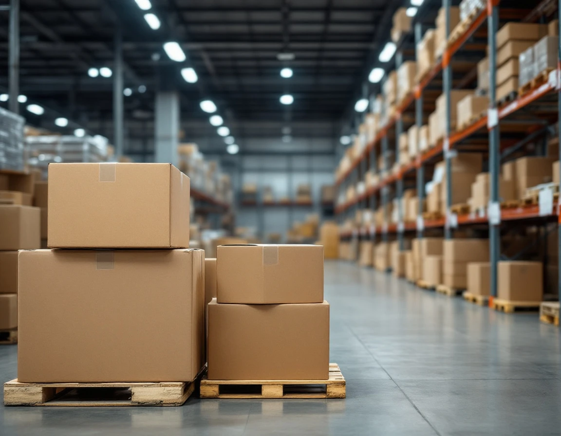 Cardboard boxes on pallets in organized warehouse with industrial shelving and professional lighting